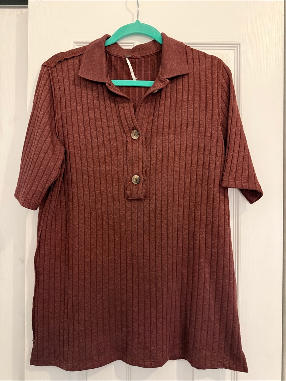 Free People Ribbed Short Sleeve Polo in Rust